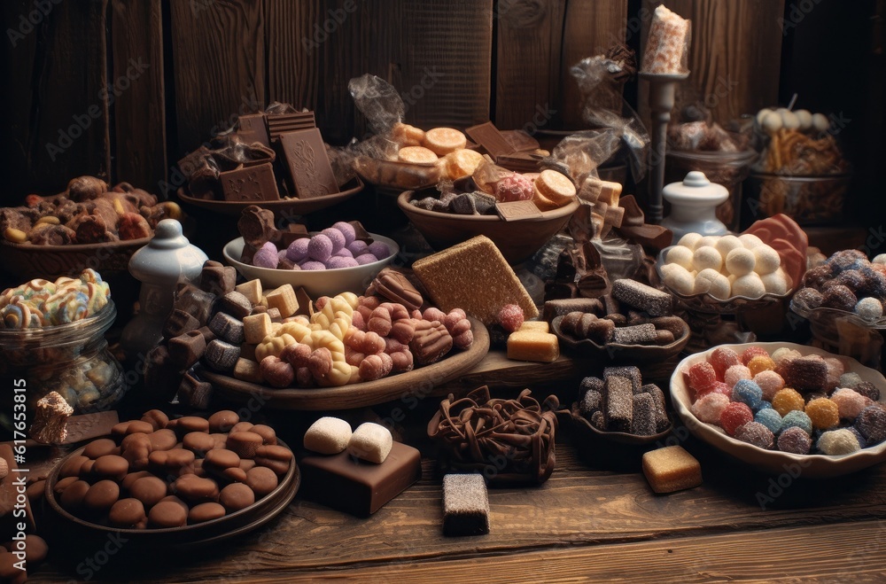 Chocolates and lollies on a wooden table. Generative Ai Chocolates and lollies on a wooden table. Generative Ai