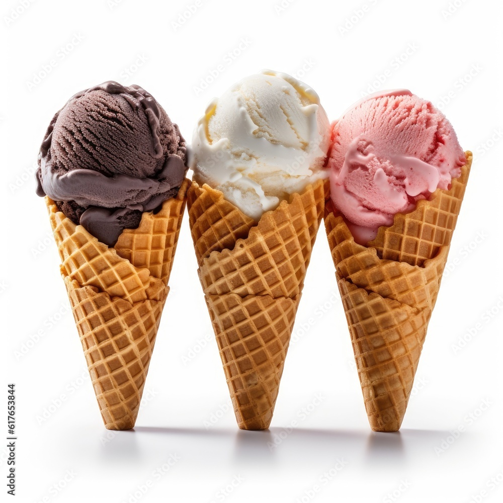 Ice cream scoops in waffle cones isolated on white background. Generative Ai Ice cream scoops in waffle cones isolated on white background. Generative Ai
