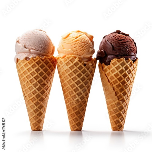 Ice cream scoops in waffle cones isolated on white background. Generative Ai