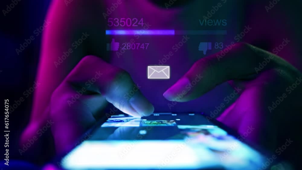 woman touching scroll page app on mobile phone.In a room with blue and purple neon tones.concept Social Media View Counter And marketing woman touching scroll page app on mobile phone.In a room with blue and purple neon tones.concept Social Media View Counter And marketing