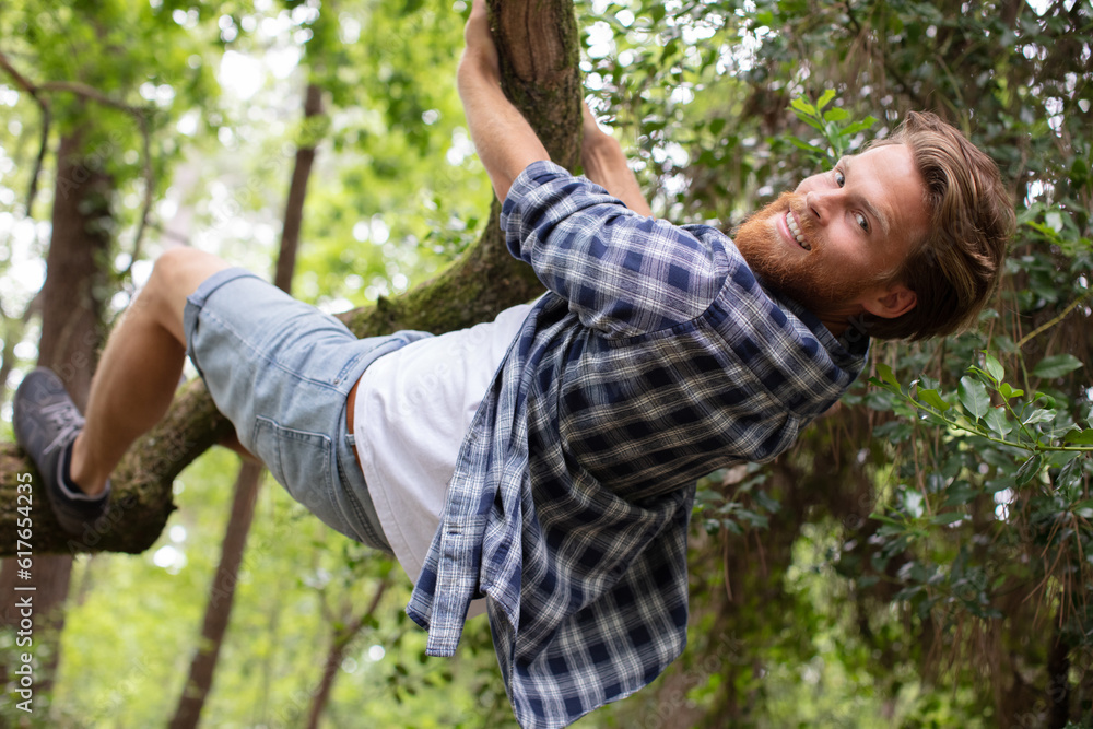 young man hanging on a tree branch