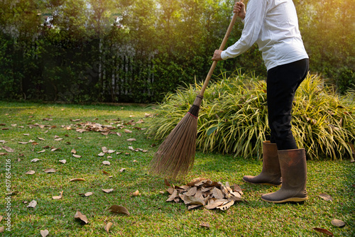 Gardener woman sweeps dried leaf on the grass field in the garden at home. cleaning concept.