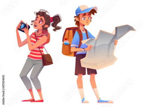 Tourist tourist character with backpack, map and camera isolated tourism illustration. Happy woman photographer sightseeing on holiday vacation. Young man in hat with luggage hitchhiking or trekking