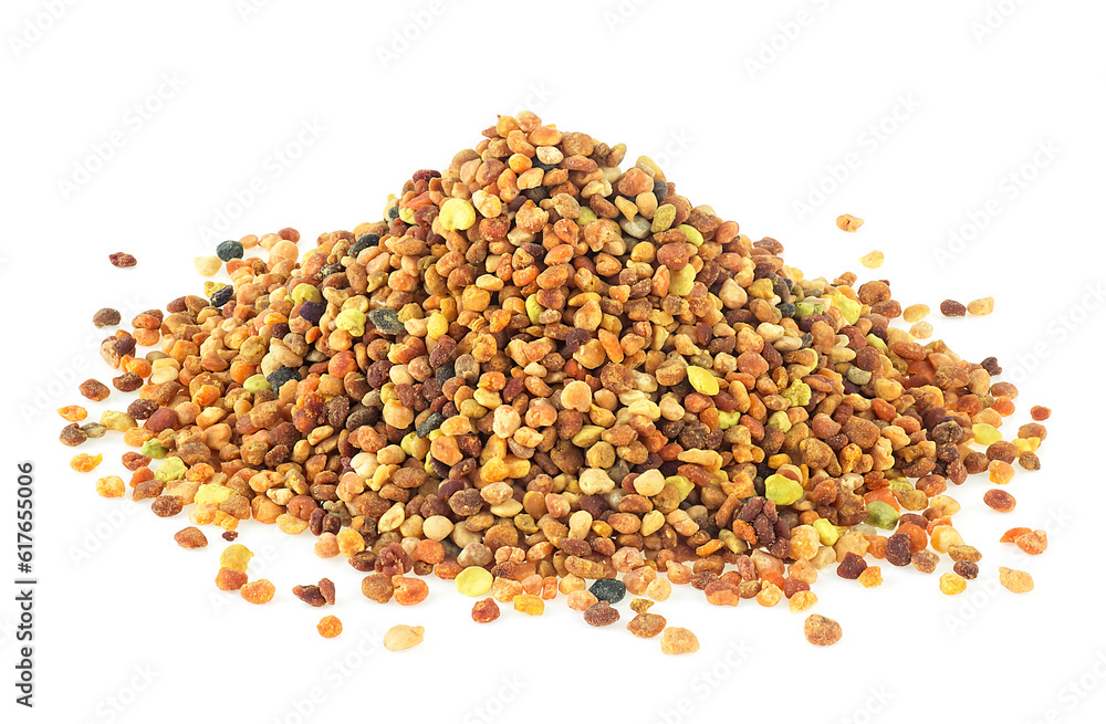 Pile of bee pollen grains isolated on a white background, close-up. Organic bee pollen. Pile of bee pollen grains isolated on a white background, close-up. Organic bee pollen.
