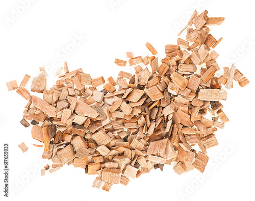 Wooden chips for smoking meat and fish isolated on a white background  top view.