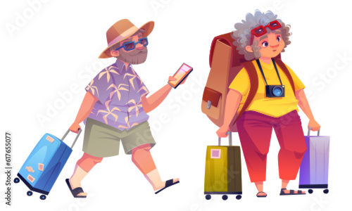 Elderly couple tourist character travel with luggage, backpack and phone illustration set. Man hold mobile phone and walking with bag. Old woman with camera go to leisure vacation isolated icon.