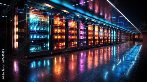 Dynamic world of technology with a glimpse into a Data Center Server Room. The room is a symphony of color, filled with rows of server racks. Created with Generative AI