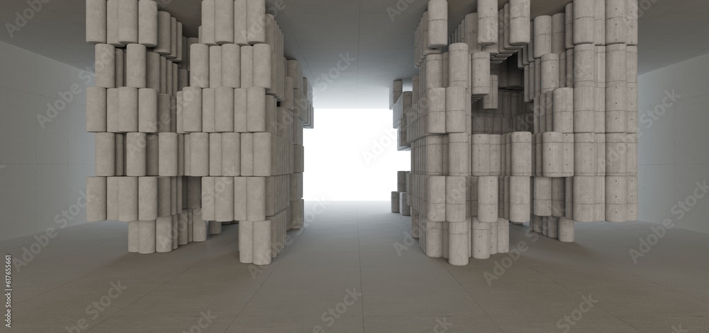 Abstract architectural minimalistic background. Contemporary showroom. Modern concrete exhibition tunnel. Empty gallery. Backlight. 3D illustration and rendering.