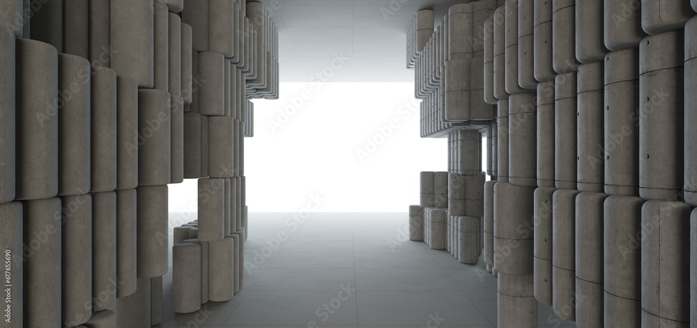 Abstract architectural minimalistic background. Contemporary showroom. Modern concrete exhibition tunnel. Empty gallery. Backlight. 3D illustration and rendering.