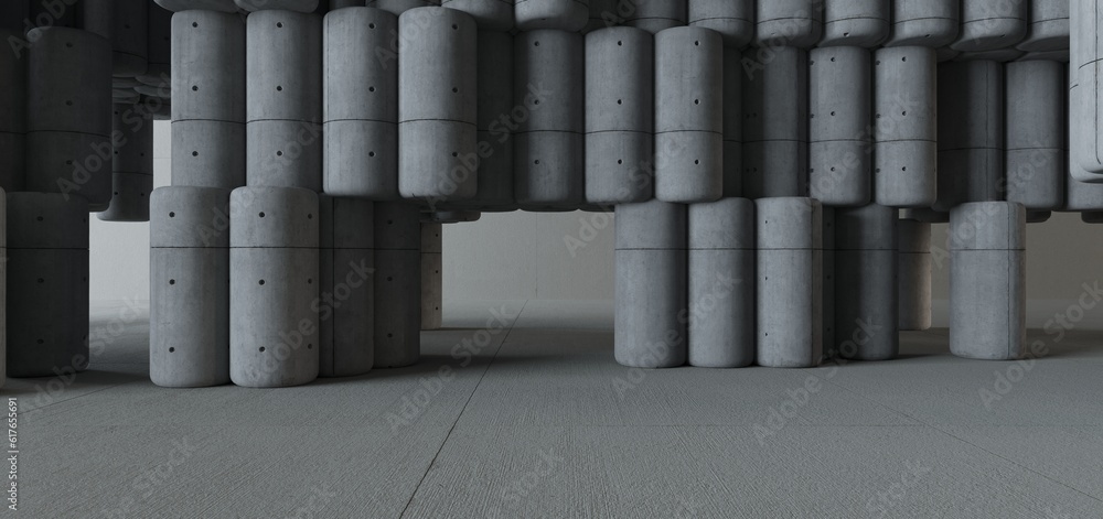 Abstract architectural minimalistic background. Contemporary showroom. Modern concrete exhibition tunnel. Empty gallery. Backlight. 3D illustration and rendering.