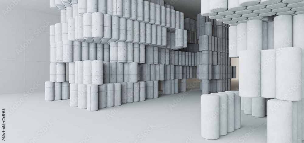 Abstract architectural minimalistic background. Contemporary showroom. Modern concrete exhibition tunnel. Empty gallery. Backlight. 3D illustration and rendering.