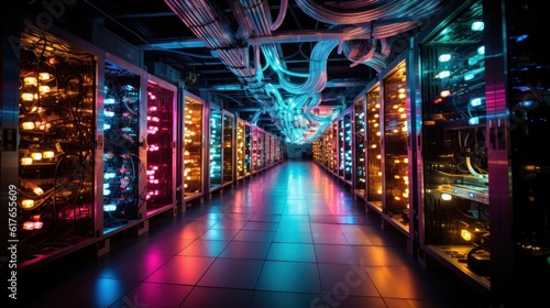 Data Center Server Room, a visual feast of vibrant colors and organized chaos. The room is filled with an intricate network of server racks. Created with Generative AI