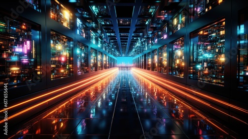 Data Center Server Room, a visual feast of vibrant colors and organized chaos. The room is filled with an intricate network of server racks. Created with Generative AI