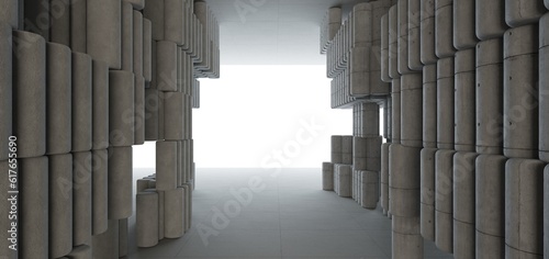 Abstract architectural minimalistic background. Contemporary showroom. Modern concrete exhibition tunnel. Empty gallery. Backlight. 3D illustration and rendering.