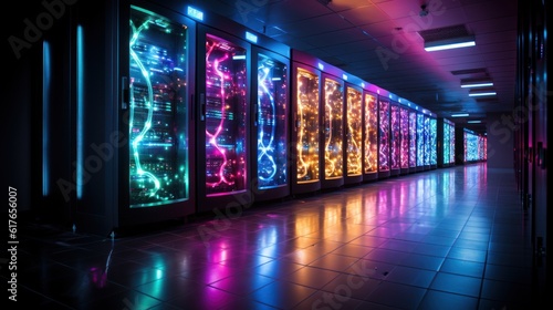 A realm of technological marvels within a Data Center Server Room. The room pulsates with a vibrant display of colors. Created with Generative AI