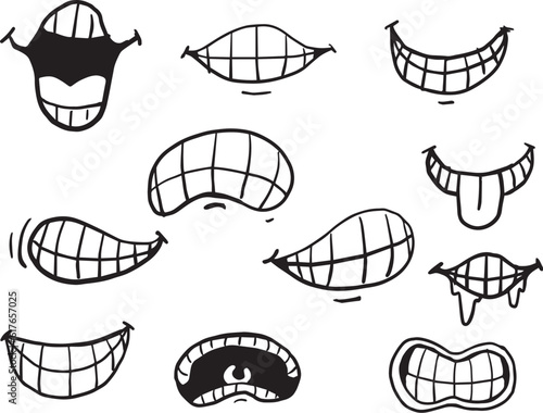 Black and white line drawing cartoon various organs of the mouth and teeth.eps