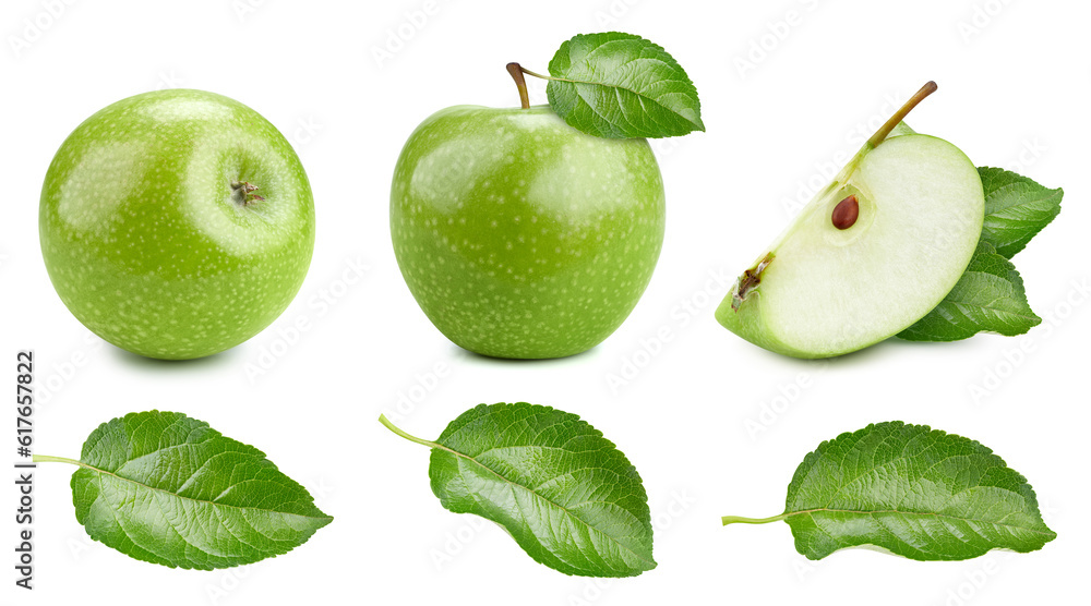 Fresh green apple whole and cut in half with leaf isolated on white background. Clipping Path. Full depth of field. Fresh green apple whole and cut in half with leaf isolated on white background. Clipping Path. Full depth of field.