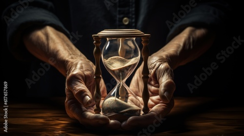 A 3D rendering of aged hands delicately holding an hourglass, symbolizing the preciousness and fleeting nature of time in our later years | generative ai