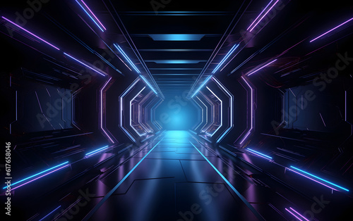 Abstract futuristic scifi tunnel corridor with glowing lights, Generative AI