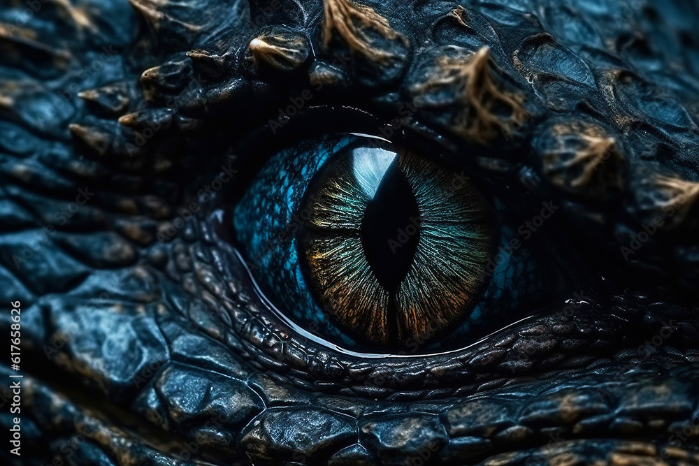Fototapeta premium Fantasy dragon eye close up. Generative AI illustration. Ancient reptile.