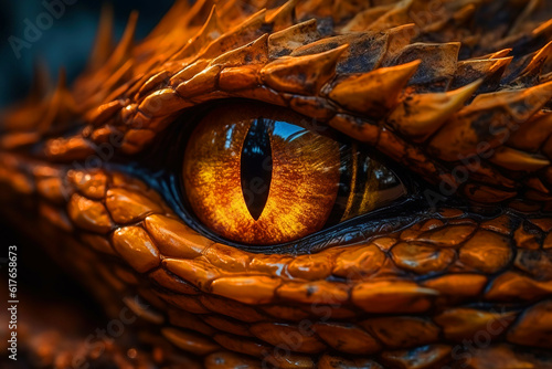 Dragon eye close-up. Fantasy Fiery Black Dragon. Generative AI illustration. Fantasy monster. Ancient reptile.
