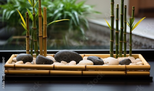 Zen garden with bamboo and smooth stones for relaxation.