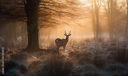 Winter forest beauty: a young deer in the misty sunrise. Creating using generative AI tools