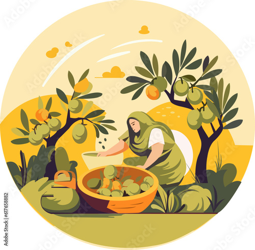 Vector illustration of a Hispanic woman picking olives in the field with a circular composition