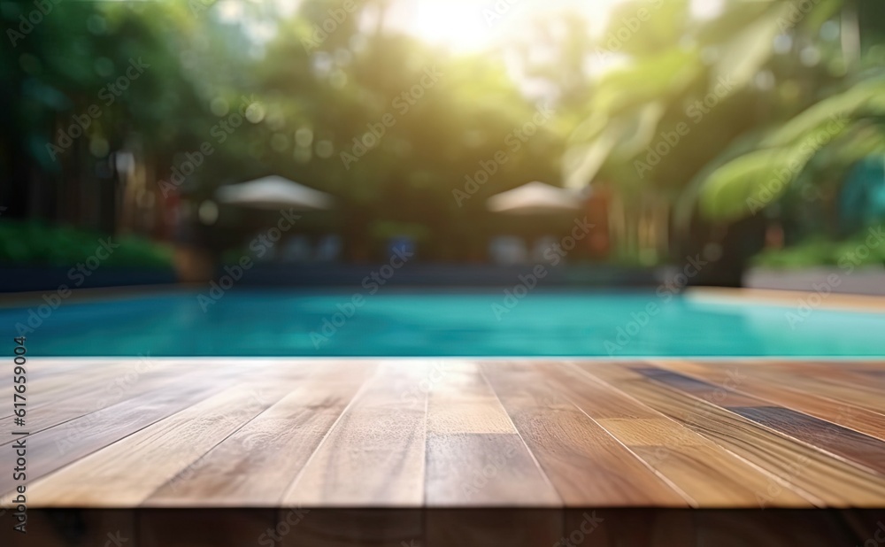 Abstract pool ambiance. Blurred pool background with wooden table for product showcase Abstract pool ambiance. Blurred pool background with wooden table for product showcase