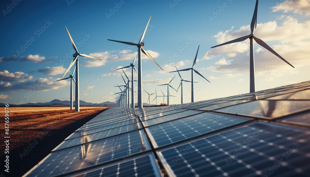 Fototapeta premium Clean Energy Revolution: Harnessing Solar Panels and Wind Turbines against a Blue Sky Backdrop