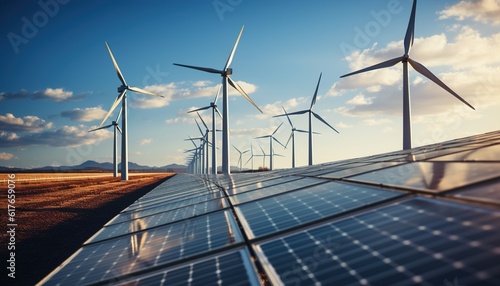 Clean Energy Revolution: Harnessing Solar Panels and Wind Turbines against a Blue Sky Backdrop