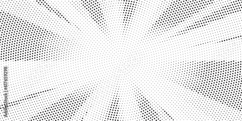 Halftone gradient sun rays pattern. abstract halftone vector dots background. monochrome dots pattern. pop art, comic small dots. star rays halftone poster. shine, explosion. sunrise rays background.	