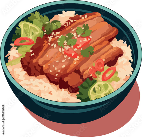 Vector illustration of asian food bowl with meat rice and vegetables