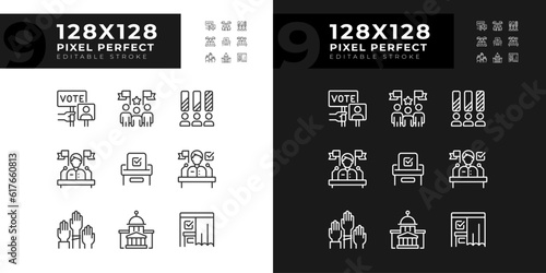 Various 2D pixel perfect set of dark and light theme icons representing voting and election, isolated vector illustration, editable politics signs for day and night mode.