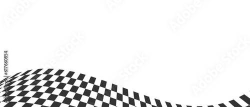 Waving race flag or chessboard horizontal background. Motocross, rally, sport car or chess competition banner. Checkered winding texture. Warped black and white squares pattern