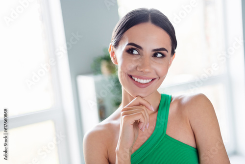 Free Download Portrait of lovely pretty cheerful lady hand touch chin toothy smile brainstorming contemplate bright flat inside - GFXLoad