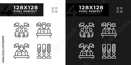 2D pixel perfect illustration of dark and light theme icons representing election, editable voting signs for day and night mode.