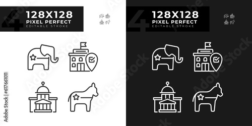 Pixel perfect set of icons for dark and light mode representing voting and political parties, editable politics and election signs for day and night theme.