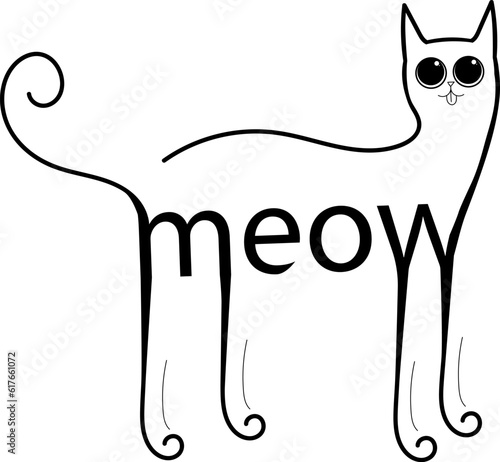 Cat and the word meow. The cat shows its tongue. Vector illustration.
