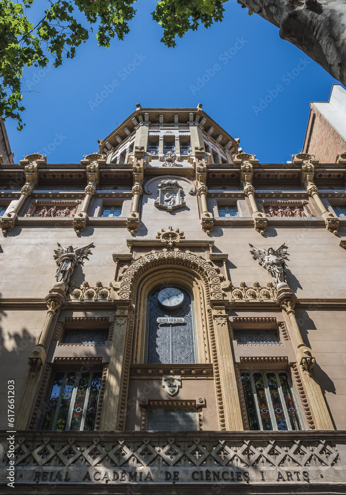 Obraz premium Facade of Royal Academy of Sciences and Arts on La Rambla pedestrian street in Barcelona, Spain
