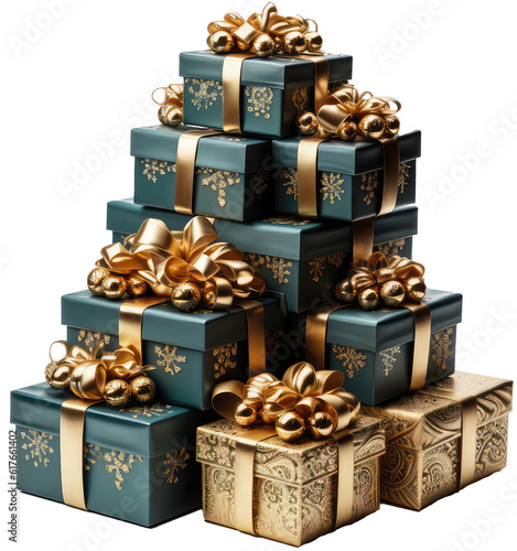 Gift boxes with golden ribbon as christmas decoration isolated on white background as transparent PNG, generative AI © Flowal93