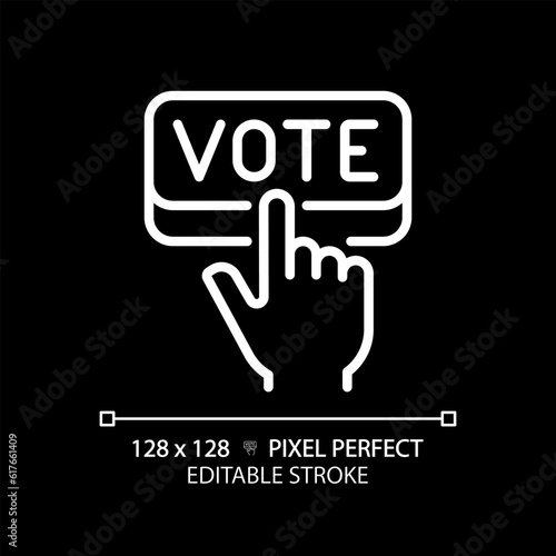 Pixel perfect white linear icon of hand pressing vote, vector illustration representing voting, editable election sign for dark mode.
