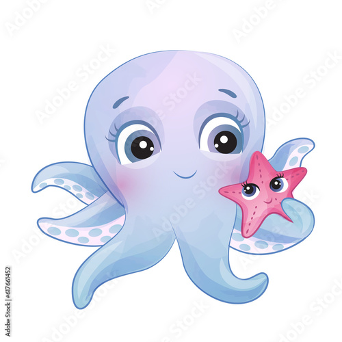 Cute octopus sea animal watercolor illustration