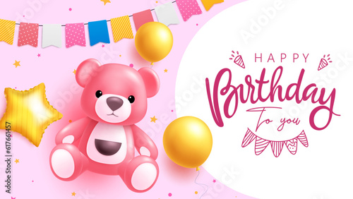Happy birthday vector template design. Birthday greeting text with teddy bear gift elements in pink background. Vector illustration party and event decoration.