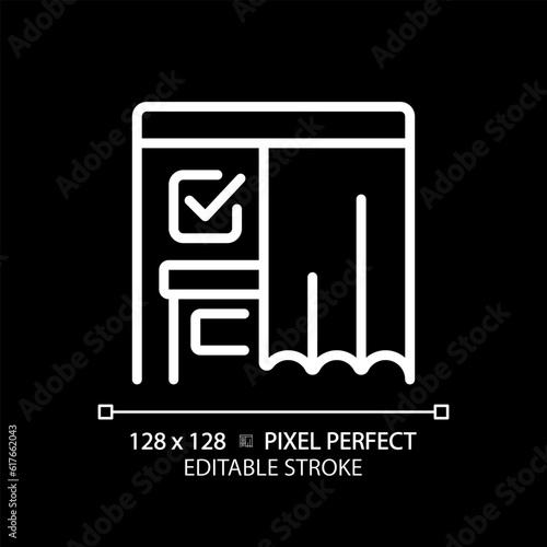 2D pixel perfect white linear icon of voting booth with curtain and checkmark sign, isolated vector illustration, editable election sign for dark mode.