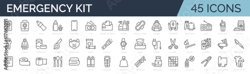 Set of outline icons related emergency kit, survival kit, grab-and-go bag, checklist for evacuation. Linear icon collection. Editable stroke. Vector illustration