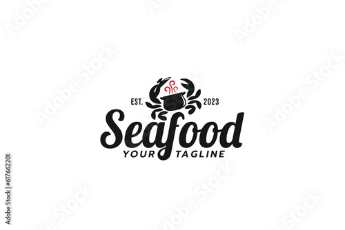 unique seafood logo with combination of crab and cauldron as the icon.