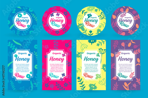 Raw organic honey circle rectangle labels with decorative drawn flowers set vector illustration