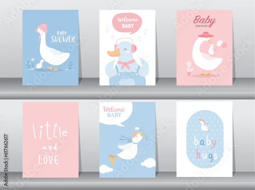 Set of baby shower invitations cards with babies boy and girl,cute design,poster,template,storks,Vector illustrations.