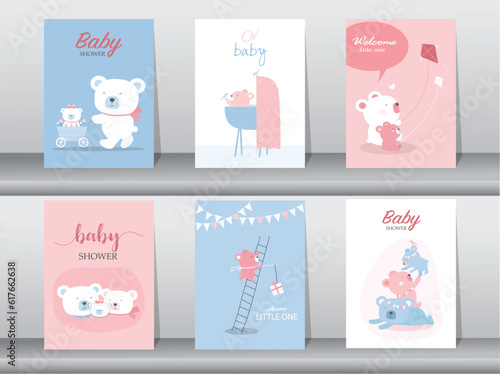 Set of baby shower invitations cards with babies boy and girl,cute design,poster,template,storks,Vector illustrations.